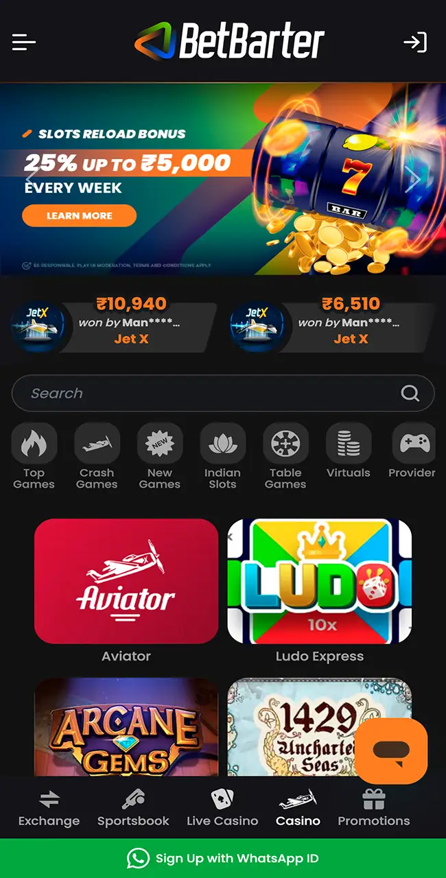 Demonstrate the variety of casino games in our BetBarter app for Android (apk) and iOS.