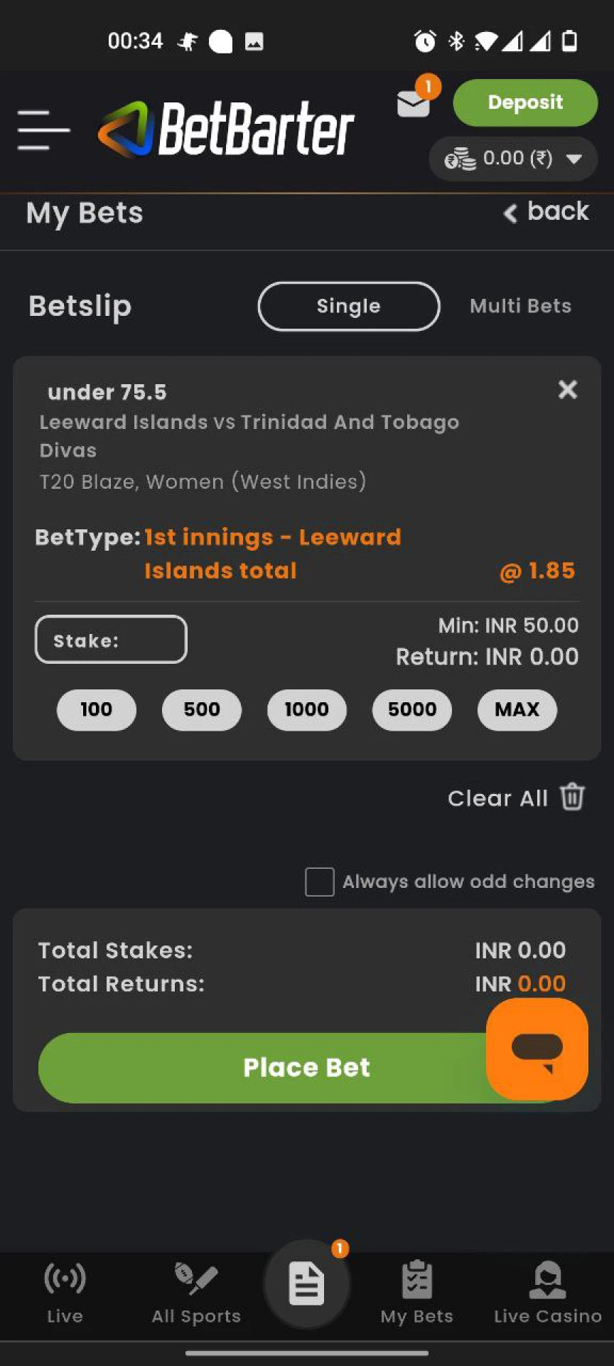 Choose any live IPL event to bet on on BetBarter.